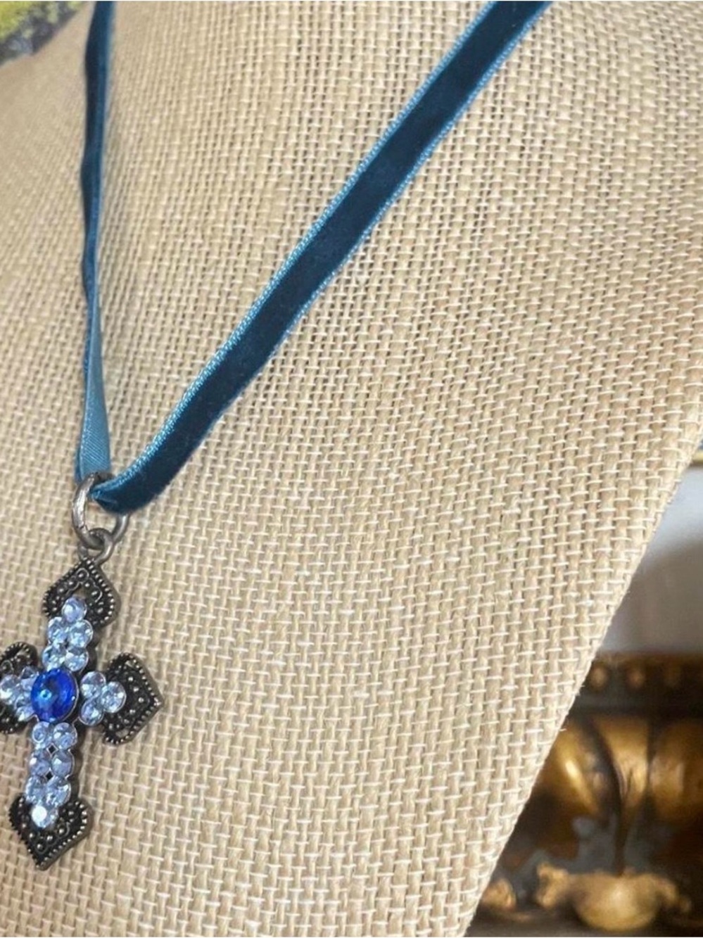 Vintage Blue Gemstone Pendant Cross Velvet Ribbon Choker - Picture 2 of 8